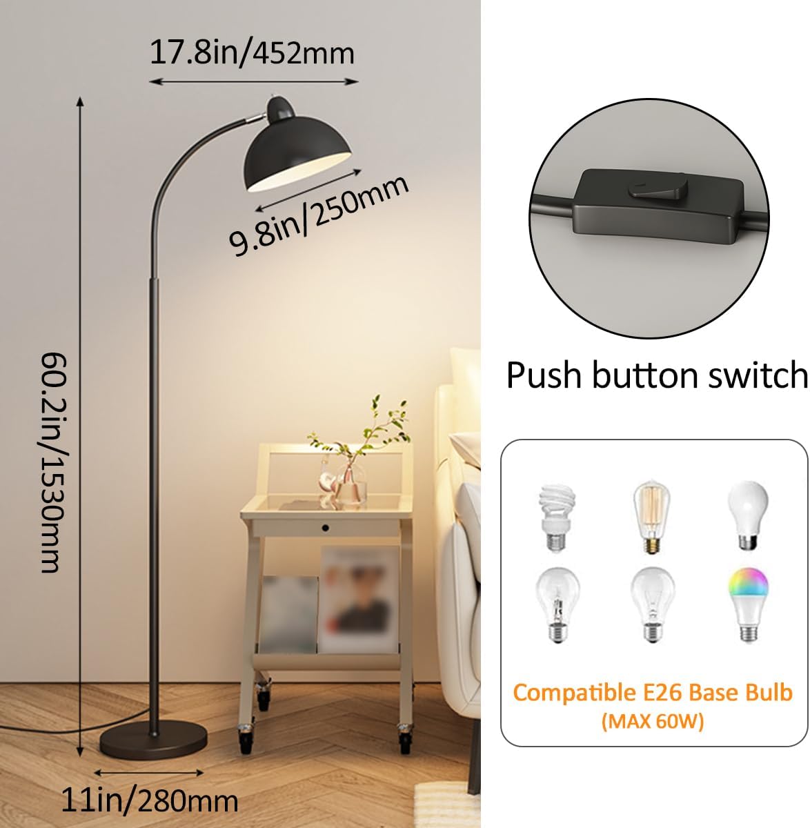 Nordic Cream Style Floor Lamp 60.2" Tall Standing Lamp With Metal Shade Soft Eye-Caring Reading Standing Floor Lamps E27 Base for Living Room Bedroom Study Room Office Hotel