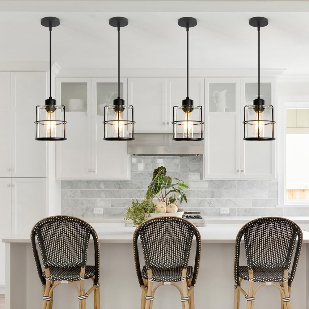 Farmhouse Pendant Lights Kitchen Island Set Of 2, Black Kitchen Island Lighting With Adjustable Rods, Industrial Cage Bathroom Pendant Lights With Clear Glass For Dining Room Hallway Sink