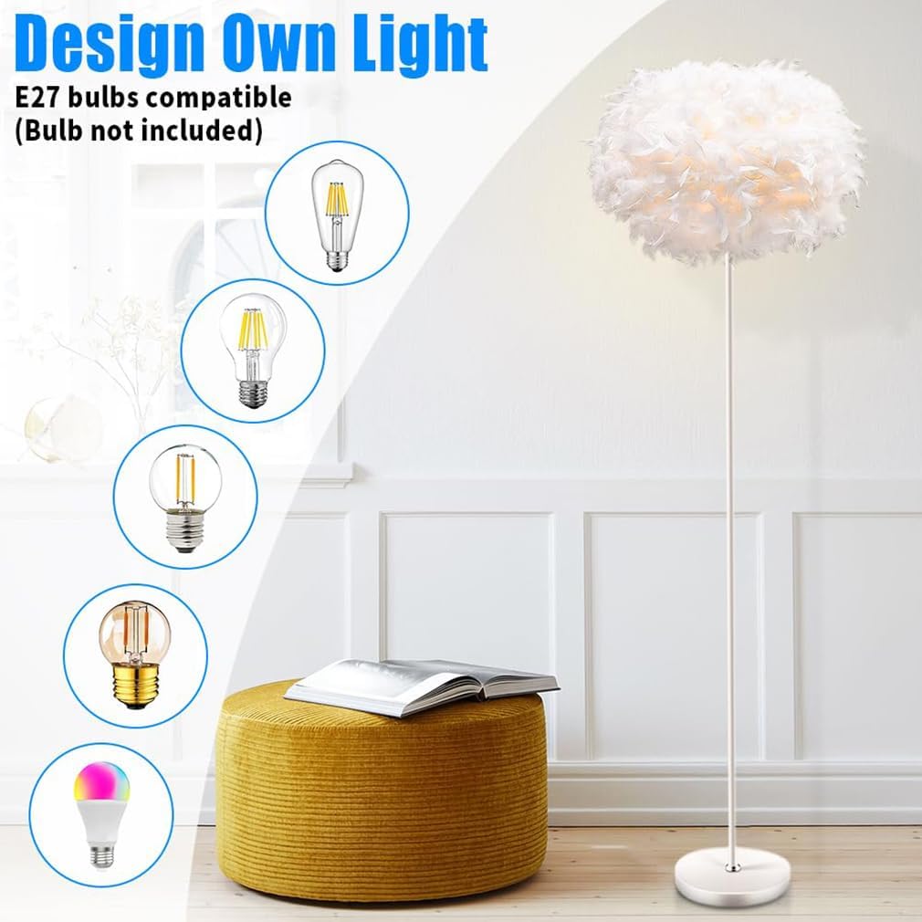 55" White Feather Floor Lamp with Foot Switch, E27 Socket for Living Room Bedroom Office