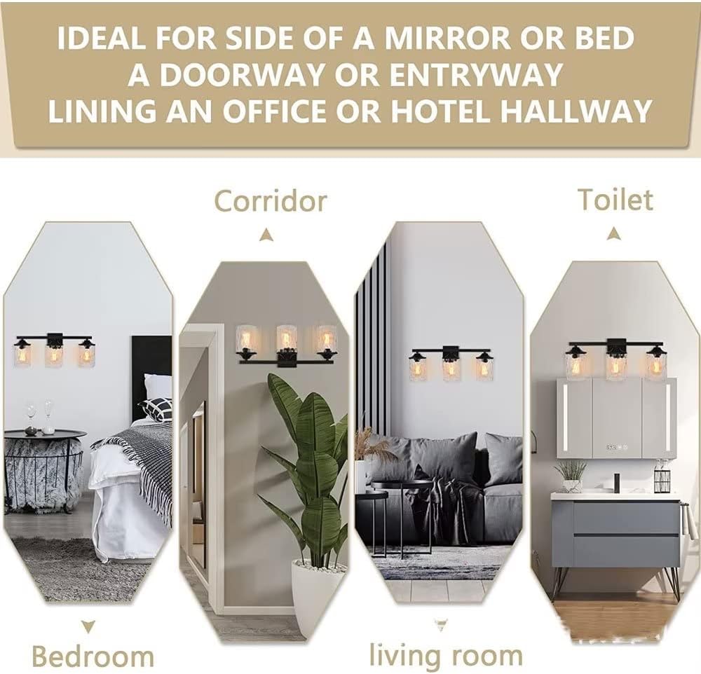 3-Light Wall Light Fixture, Modern Bathroom Vanity Light Fixtures, Matte Black Sconce Wall Lights with Glass Shade, Wall Mount Lighting Mirror Lamp for Bathroom Indoor Wall Lights