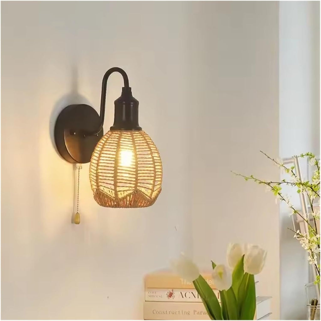 Rattan Pastoral Bedroom Bedside Aisle Background Wall Lamps Modern Woven Cage Lamp Pull Wire Wall Light (Neutral light)