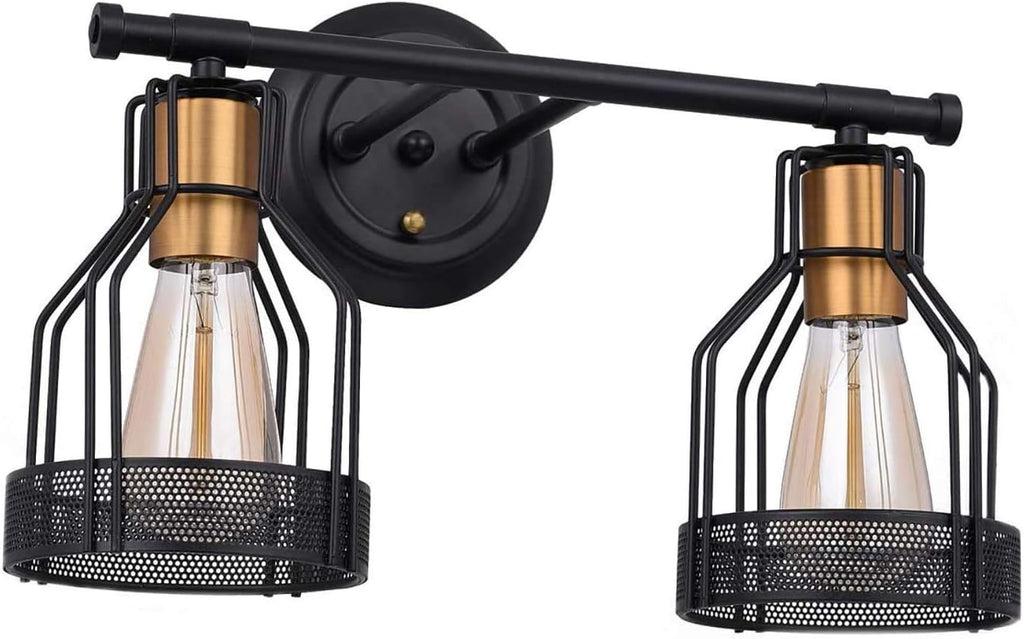 Wall Light 2-Lights Industrial 2 Heads with Metal Cage Shade Black Matte Finish Wall Lamp E27 Socket Wall Sconce Living Room Lighting Fixtures for Bathroom Vanity Table Reading