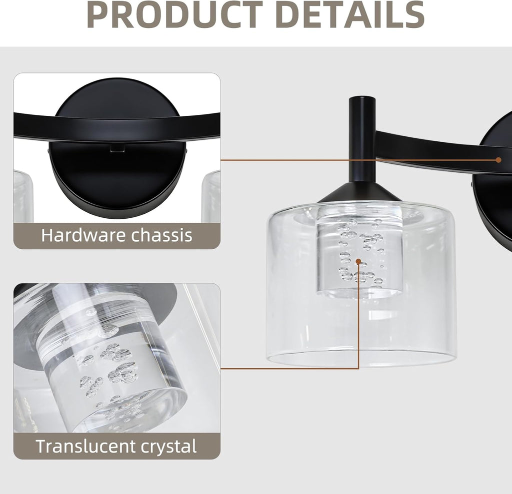 MantoLite 2-Light Wall Sconces Vanity Light with Clear Glass Shade Wall Light for Living Room Hallway Bedroom Black Modern Bathroom Lighting Fixtures(Bulbs Included)