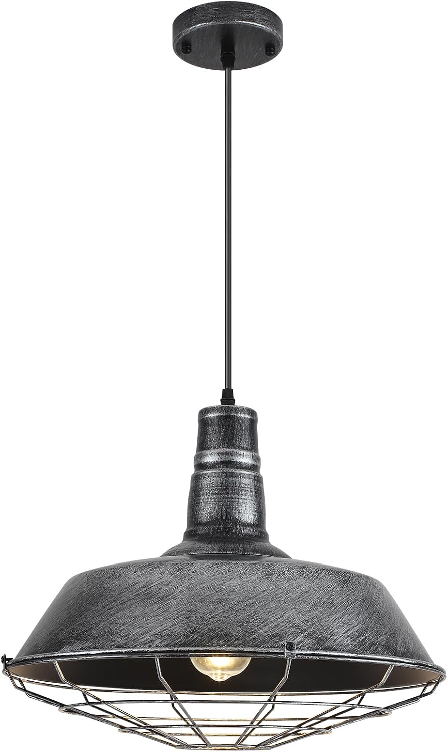 Large Pendant Lights Kitchen Island 1 Pack, 18.1 Inch Oversized Industrial Pendant Light, Black and Silver Barn Pendant Light with Wire Cage, Farmhouse Pendant Lights for Kitchen Barn