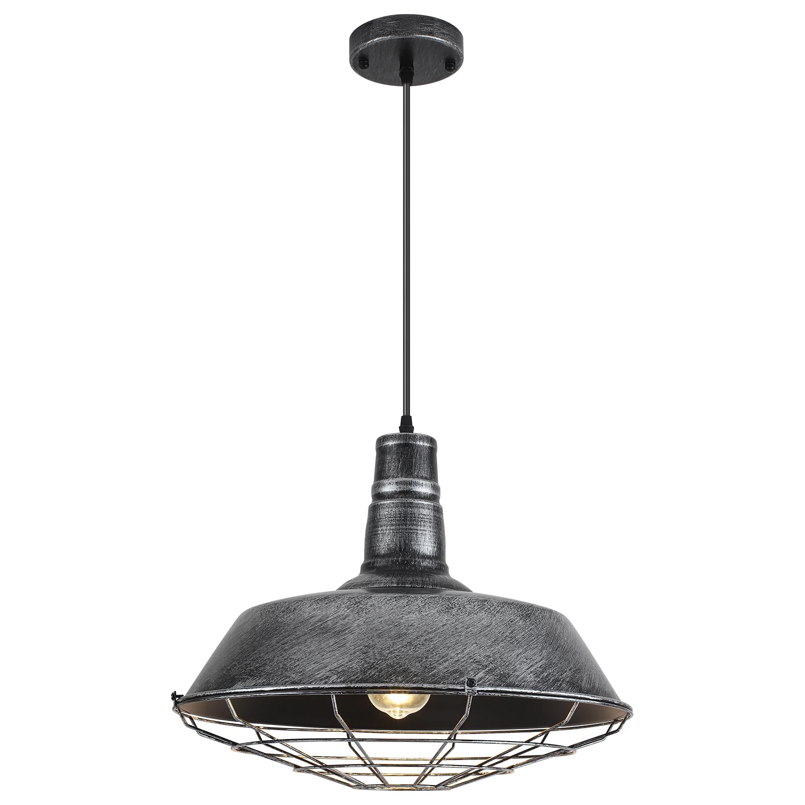 Large Pendant Lights Kitchen Island 1 Pack, 18.1 Inch Oversized Industrial Pendant Light, Black and Silver Barn Pendant Light with Wire Cage, Farmhouse Pendant Lights for Kitchen Barn