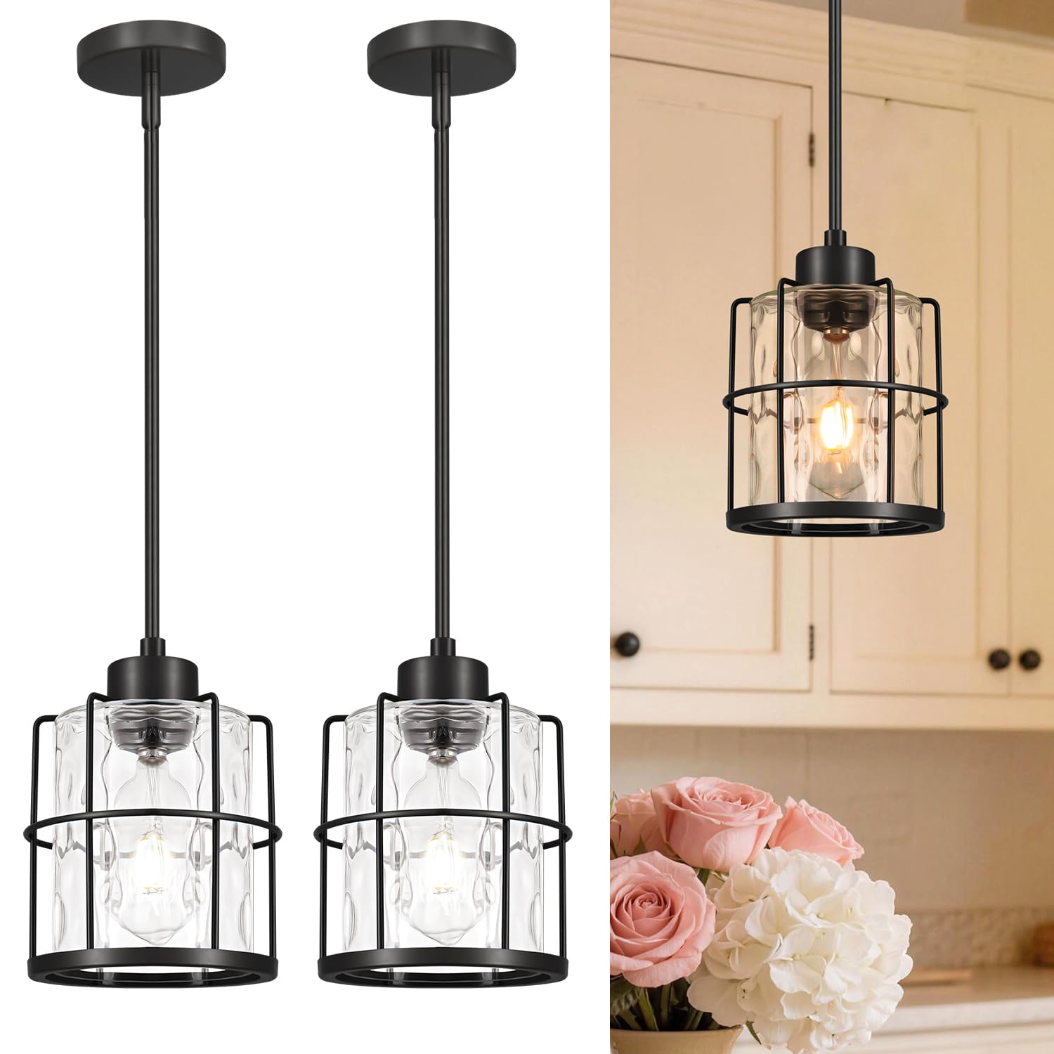 Farmhouse Pendant Lights Kitchen Island Set Of 2, Black Kitchen Island Lighting With Adjustable Rods, Industrial Cage Bathroom Pendant Lights With Clear Glass For Dining Room Hallway Sink