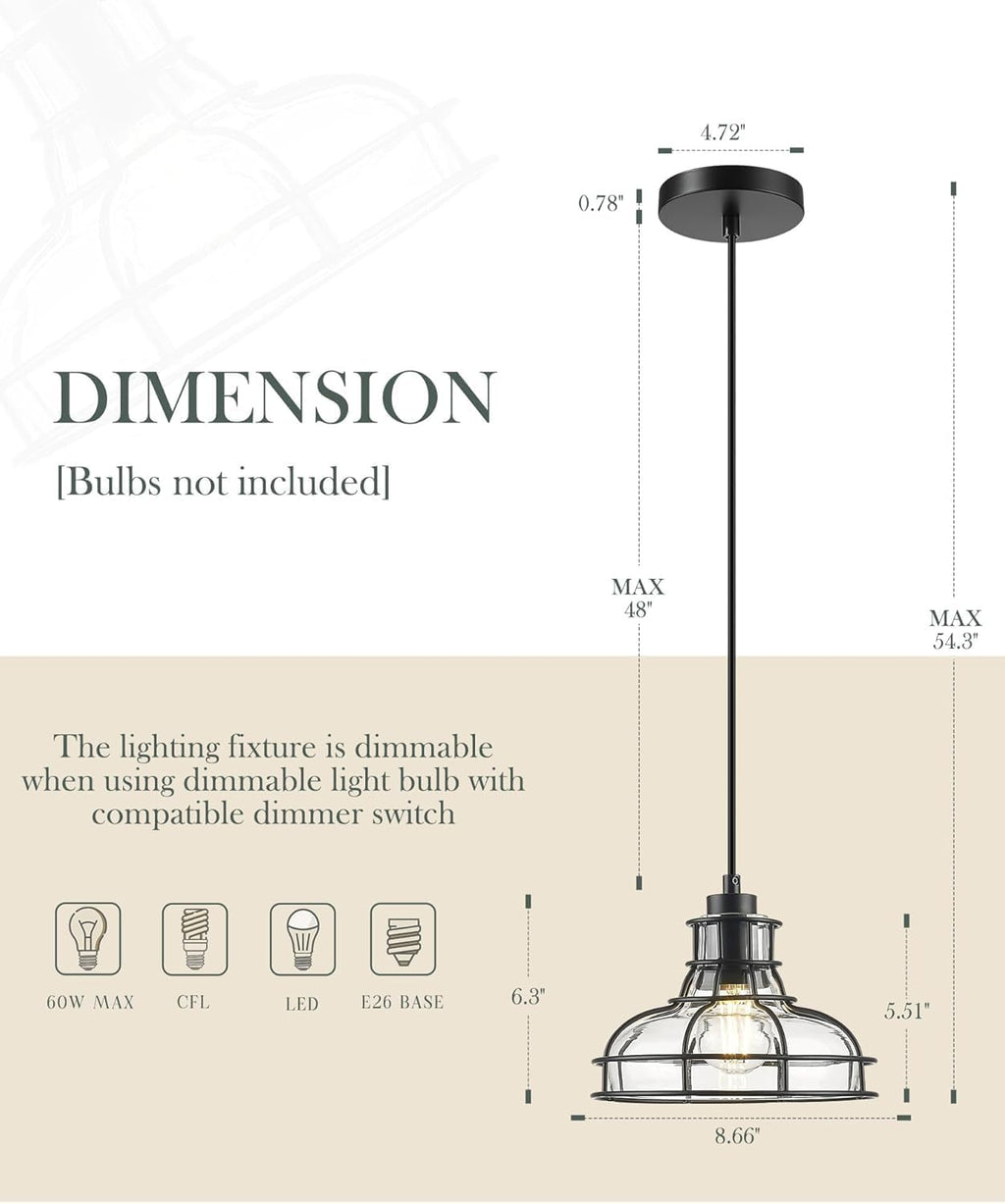 Industrial Pendant Lights Kitchen Island Black 8.7", 2 Pack Hanging Light Fixtures with Clear Glass and Metal Cage, Farmhouse Kitchen Pendant Light for Dining Room, Bedroom, Living Room
