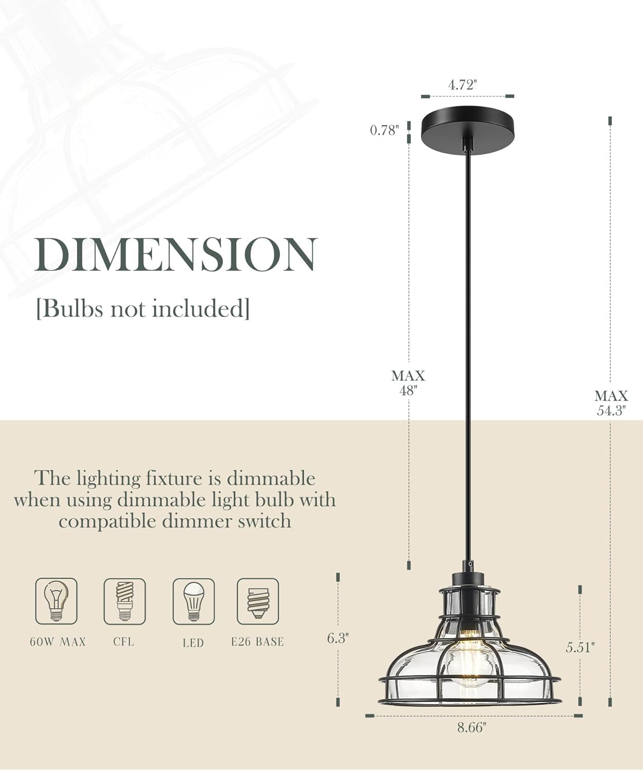 Industrial Pendant Lights Kitchen Island Black 8.7", 2 Pack Hanging Light Fixtures with Clear Glass and Metal Cage, Farmhouse Kitchen Pendant Light for Dining Room, Bedroom, Living Room