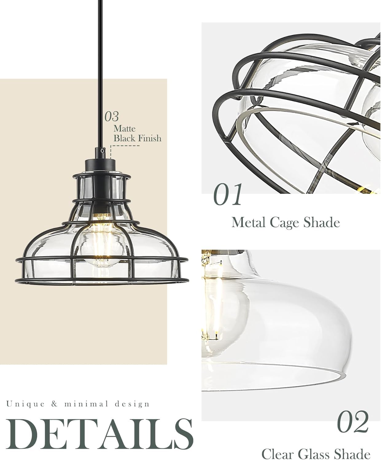 Industrial Pendant Lights Kitchen Island Black 8.7", 2 Pack Hanging Light Fixtures with Clear Glass and Metal Cage, Farmhouse Kitchen Pendant Light for Dining Room, Bedroom, Living Room