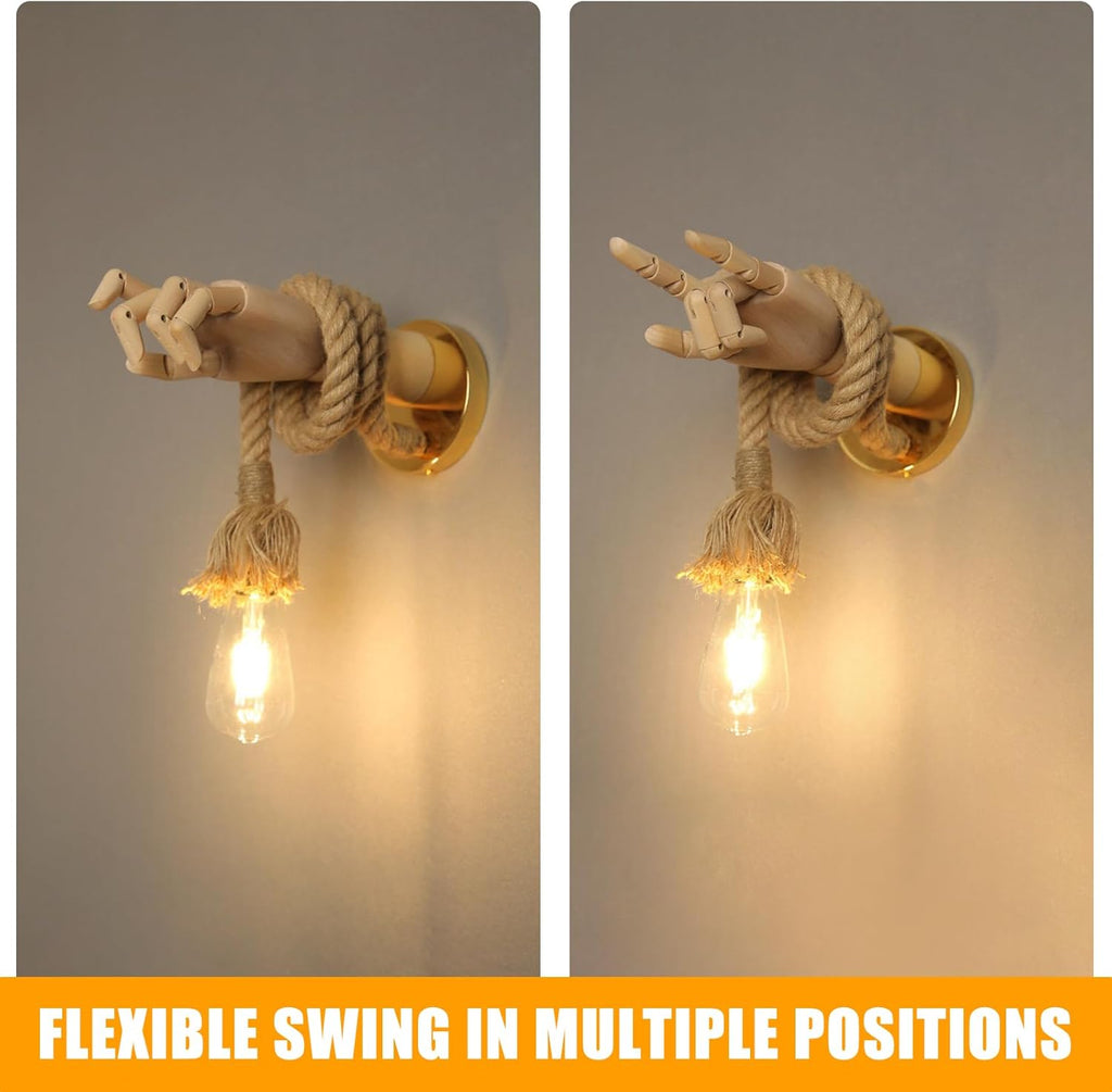 Wooden Hand Shape Wall Light, E27 Rustic Rope Lighting Fixtures, Unique Art Decor Wall Lamp for Bedroom, Restaurant, Living Room, Hallway (Left Hand)