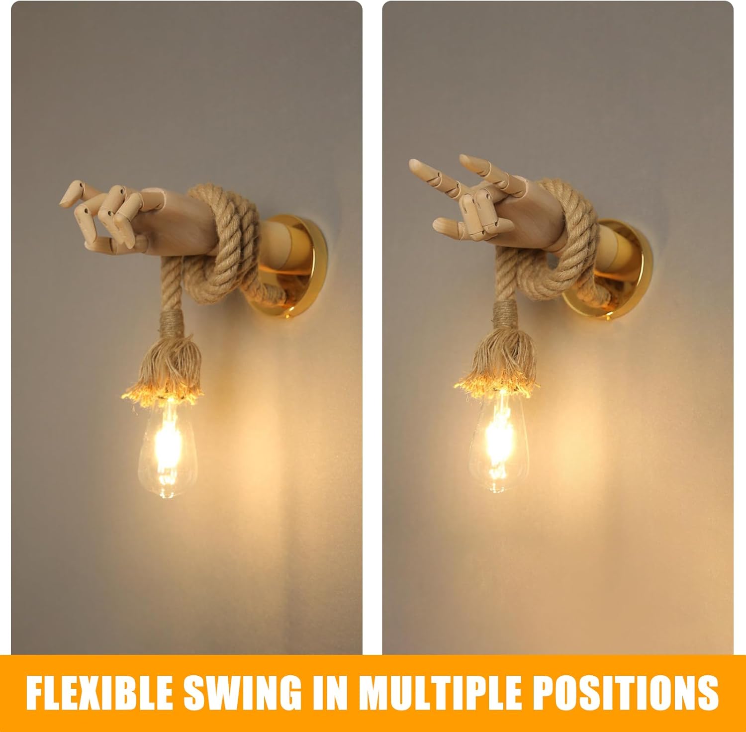 Wooden Hand Shape Wall Light, E27 Rustic Rope Lighting Fixtures, Unique Art Decor Wall Lamp for Bedroom, Restaurant, Living Room, Hallway (Left Hand)