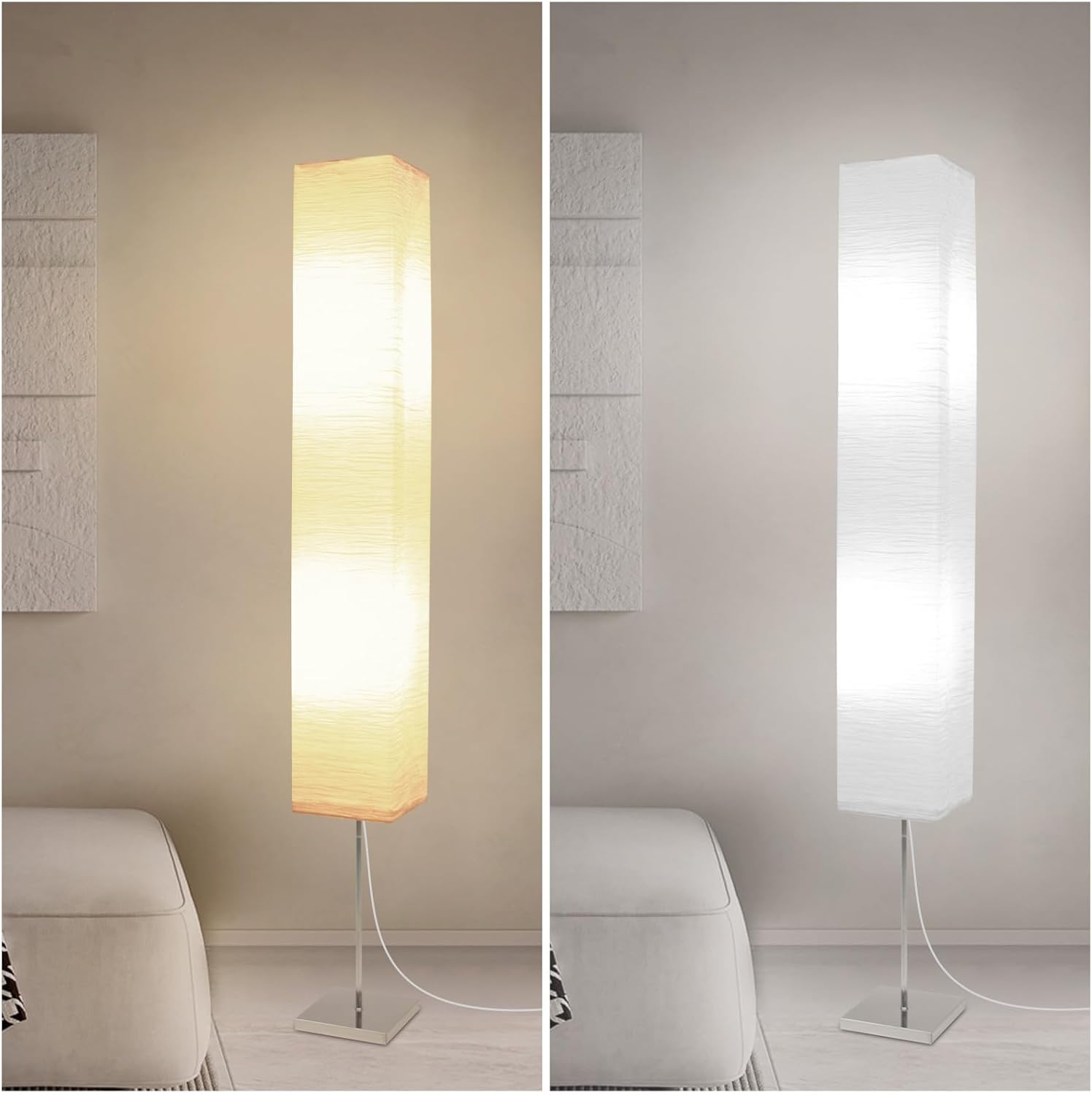 HonoDing CX00015 59 Inches Tall Living Room Paper Lamp with White Paper Shade and Chrome Base, On/Off Foot Switch - Ideal as Papers Floor Lamps for Living Room and Bedroom Decor (2-PK)