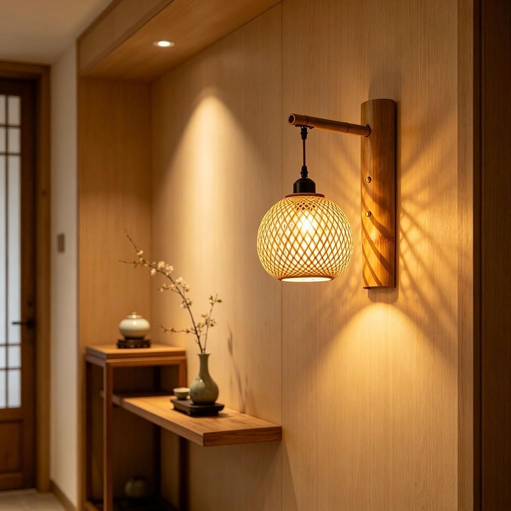 Indoor Bamboo Woven Wall Lamp Handwoven Rattan Wall Light E27 Retro Boho Wall Sconce Rustic Bamboo Lantern Light Fixture Farmhouse Wall Lighting for Living Room/Bedroom(A)
