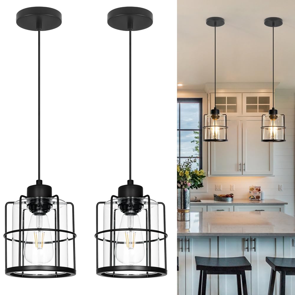 Farmhouse Pendant Lights Kitchen Island Set Of 2, Black Kitchen Island Lighting With Adjustable Rods, Industrial Cage Bathroom Pendant Lights With Clear Glass For Dining Room Hallway Sink