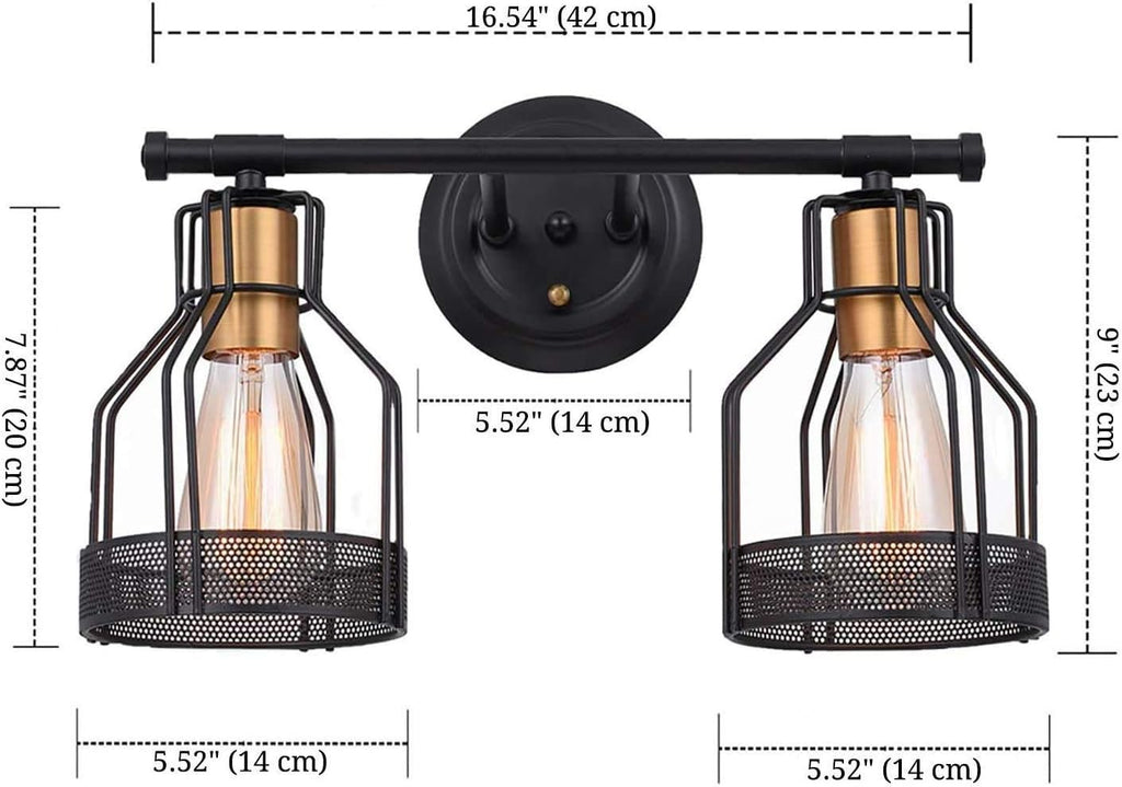 Wall Light 2-Lights Industrial 2 Heads with Metal Cage Shade Black Matte Finish Wall Lamp E27 Socket Wall Sconce Living Room Lighting Fixtures for Bathroom Vanity Table Reading