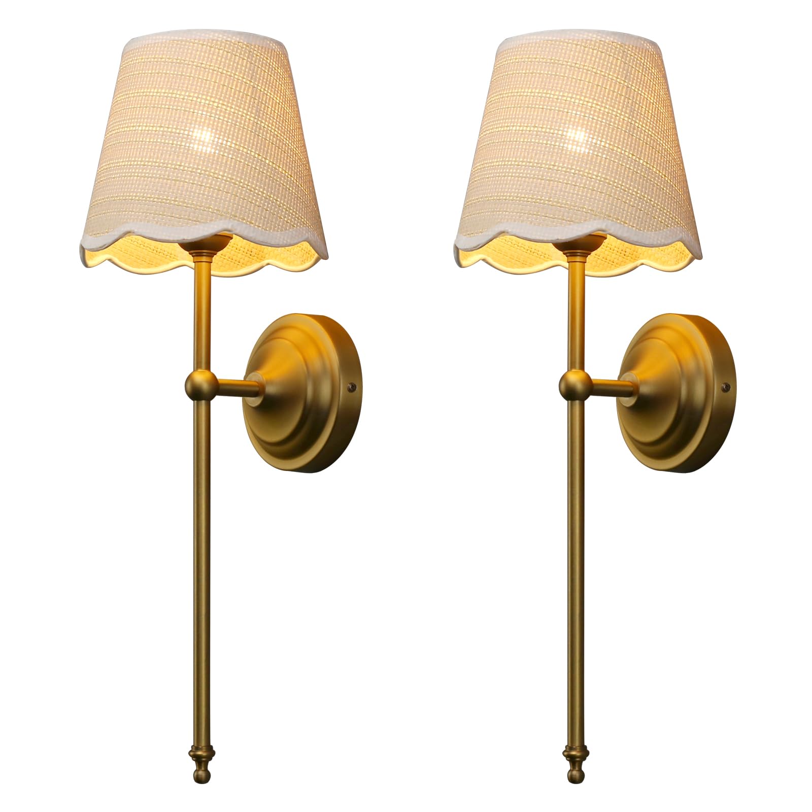 Industrial Vintage Wall Light Sconce, Boho Rattan Shade with Long Arm Antique Brass Wall Mounted Lamp, Rustic Indoor Up and Down Wall Light Fixture for Bedroom Living Room Hallway