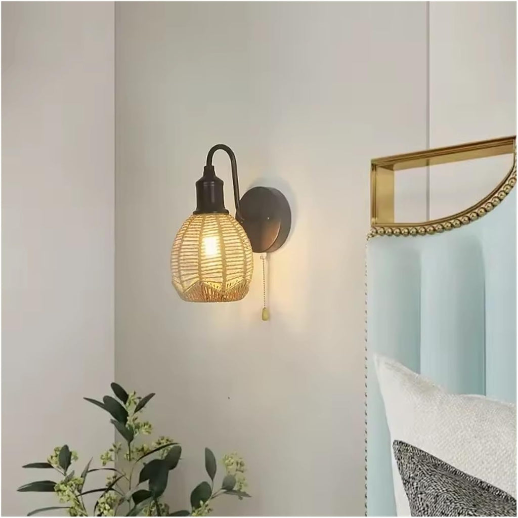 Rattan Pastoral Bedroom Bedside Aisle Background Wall Lamps Modern Woven Cage Lamp Pull Wire Wall Light (Neutral light)