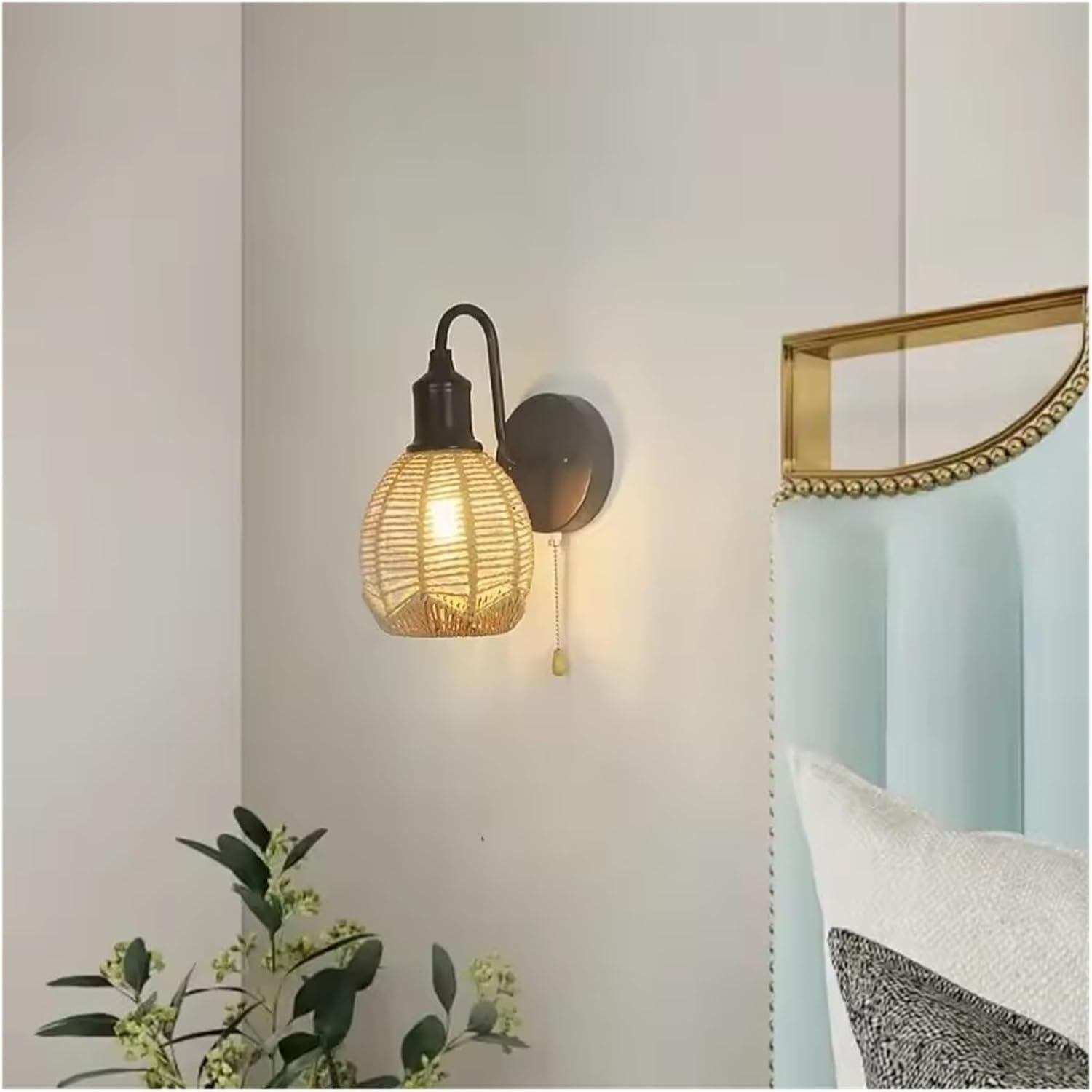 Rattan Pastoral Bedroom Bedside Aisle Background Wall Lamps Modern Woven Cage Lamp Pull Wire Wall Light (Neutral light)