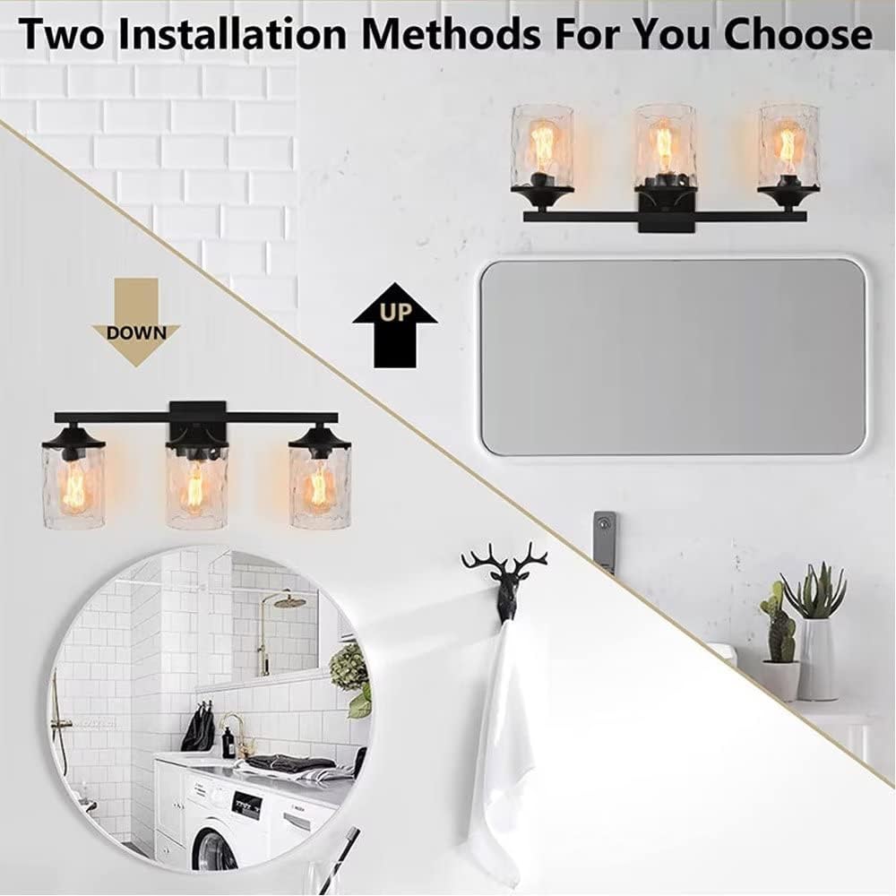 3-Light Wall Light Fixture, Modern Bathroom Vanity Light Fixtures, Matte Black Sconce Wall Lights with Glass Shade, Wall Mount Lighting Mirror Lamp for Bathroom Indoor Wall Lights