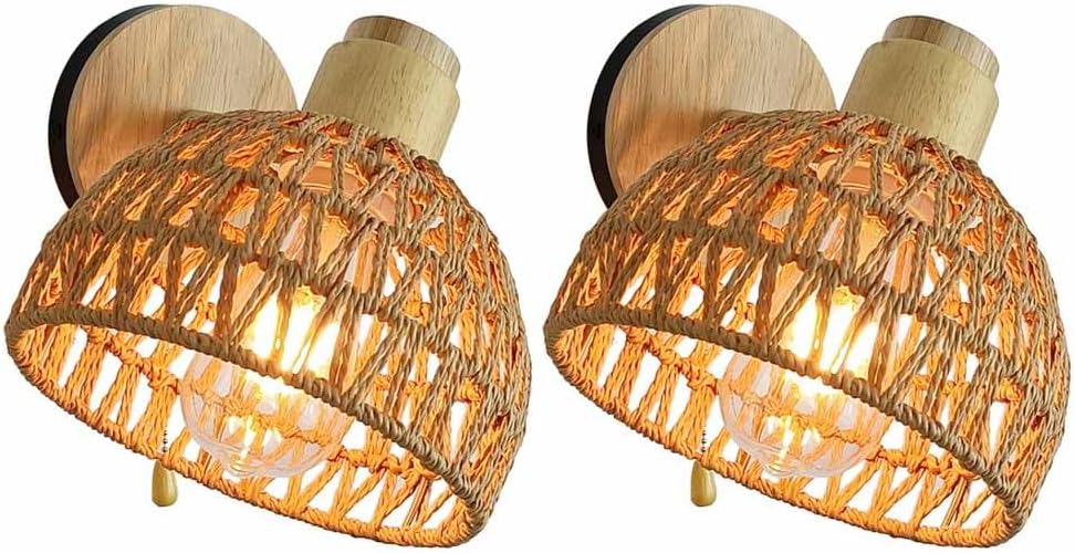 TRIVIDHA Natural Rattan Wall Lamp With Switch Foldable Bedside Wall Sconce Hand-woven Wicker Shade Wall Lantern Adjustable Angle E27 Wall Mount Lighting For Living Room Bedroom Hallway Stair
