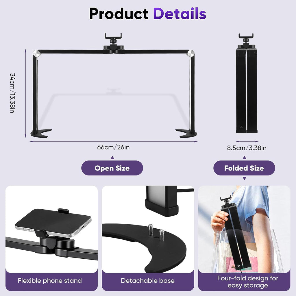 35W Half Moon Lamp 26inch Square Nail Desk Lamp with Phone Holder, Foldable LED Nail Table Light 3000K-6000K Dimmable for Nail Tech, Lash Eyelash Extension, Tattoo, Eyebrows, Black