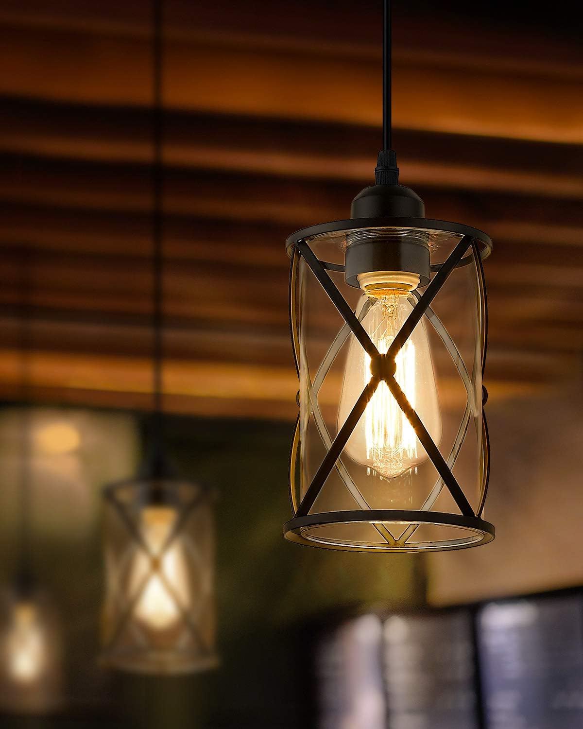 Glass Pendant Lights Kitchen Island 2 Pack, Black Mini Pendant Light with Clear Glass, Farmhouse Industrial Cage Hanging Lighting for Kitchen Sink Dining Room Bathroom, CH9176-1-2PK