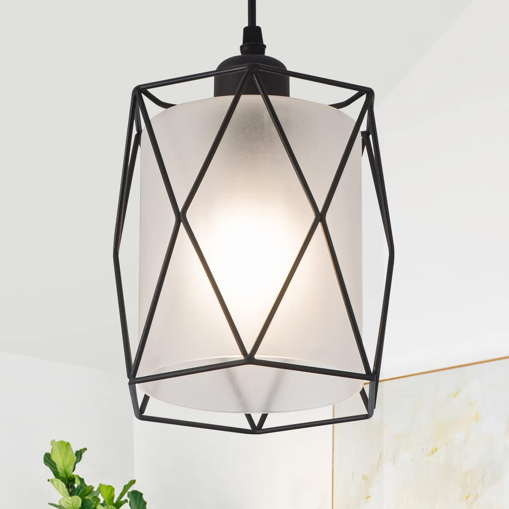 Farmhouse Black Pendant Light with Seeded Glass Industrial Cage Blown Clear Bubble Glass Hanging Lighting Adjustable Cord for Kitchen Island Over Sink Hallway