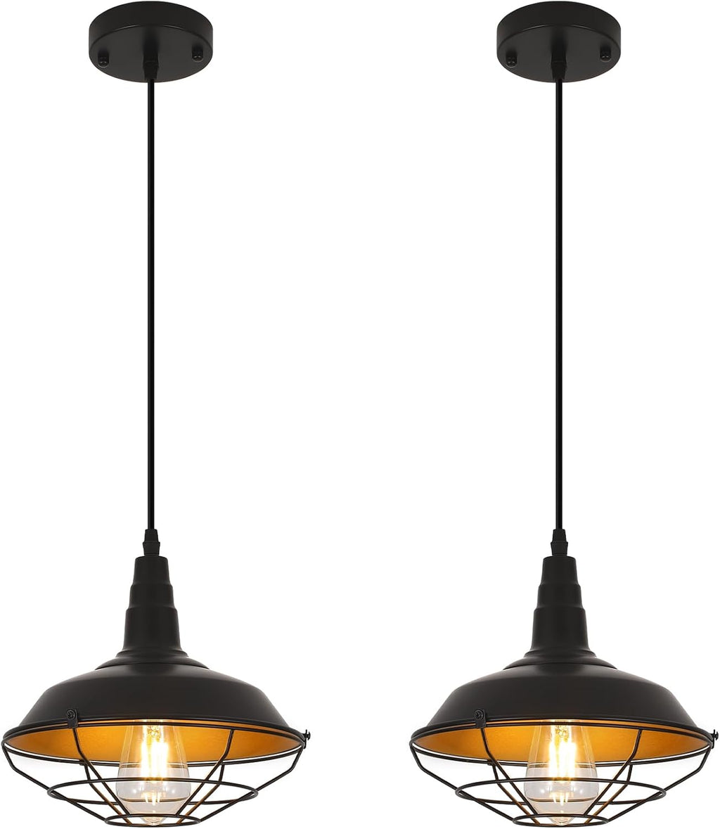 Farmhouse Pendant Light 2 Pack, 10.2" Black Pendant Lights Kitchen Island, Industrial Vintage Light Fixtures Metal Wire Cage Pendant Lighting, Island Lights for Kitchen Dining Room