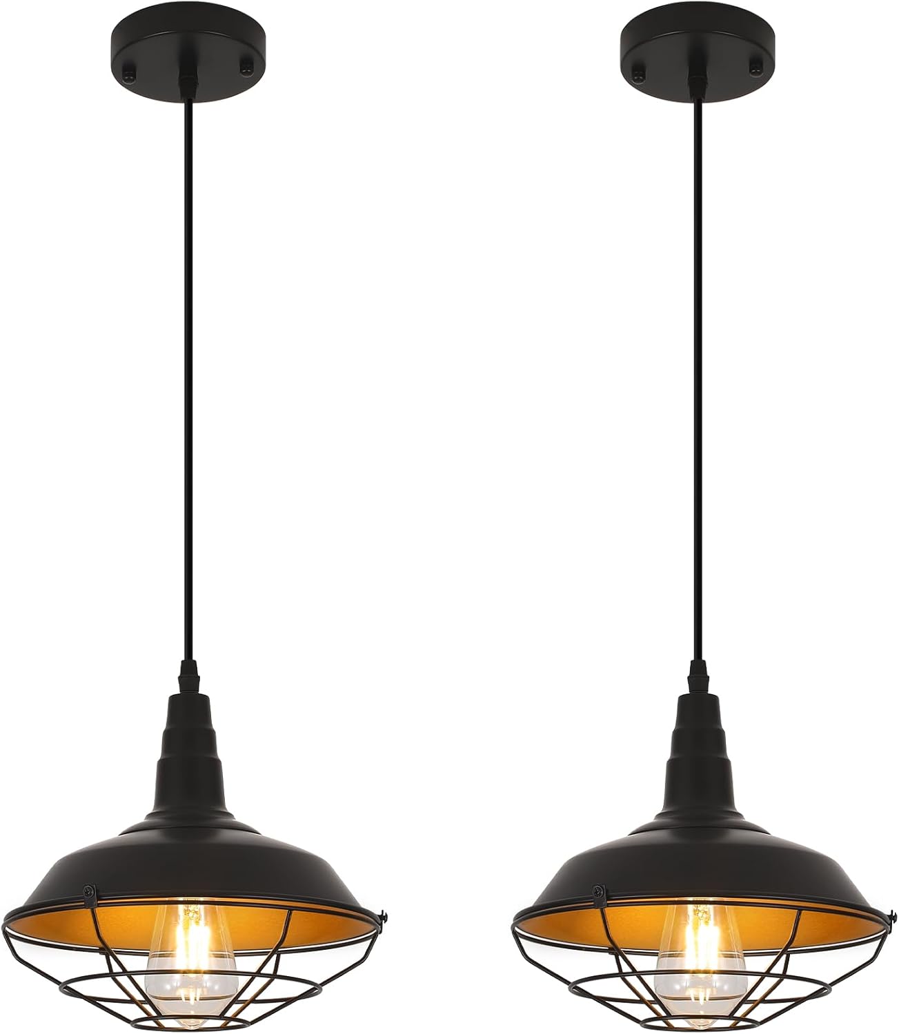 Farmhouse Pendant Light 2 Pack, 10.2" Black Pendant Lights Kitchen Island, Industrial Vintage Light Fixtures Metal Wire Cage Pendant Lighting, Island Lights for Kitchen Dining Room