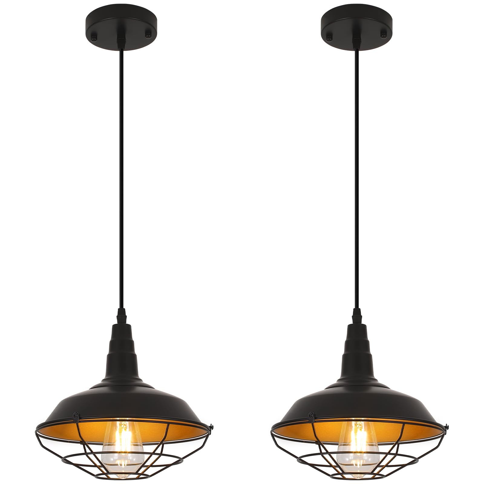 Farmhouse Pendant Light 2 Pack, 10.2" Black Pendant Lights Kitchen Island, Industrial Vintage Light Fixtures Metal Wire Cage Pendant Lighting, Island Lights for Kitchen Dining Room