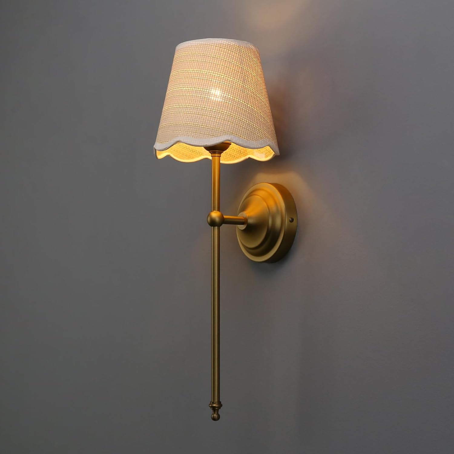 Industrial Vintage Wall Light Sconce, Boho Rattan Shade with Long Arm Antique Brass Wall Mounted Lamp, Rustic Indoor Up and Down Wall Light Fixture for Bedroom Living Room Hallway
