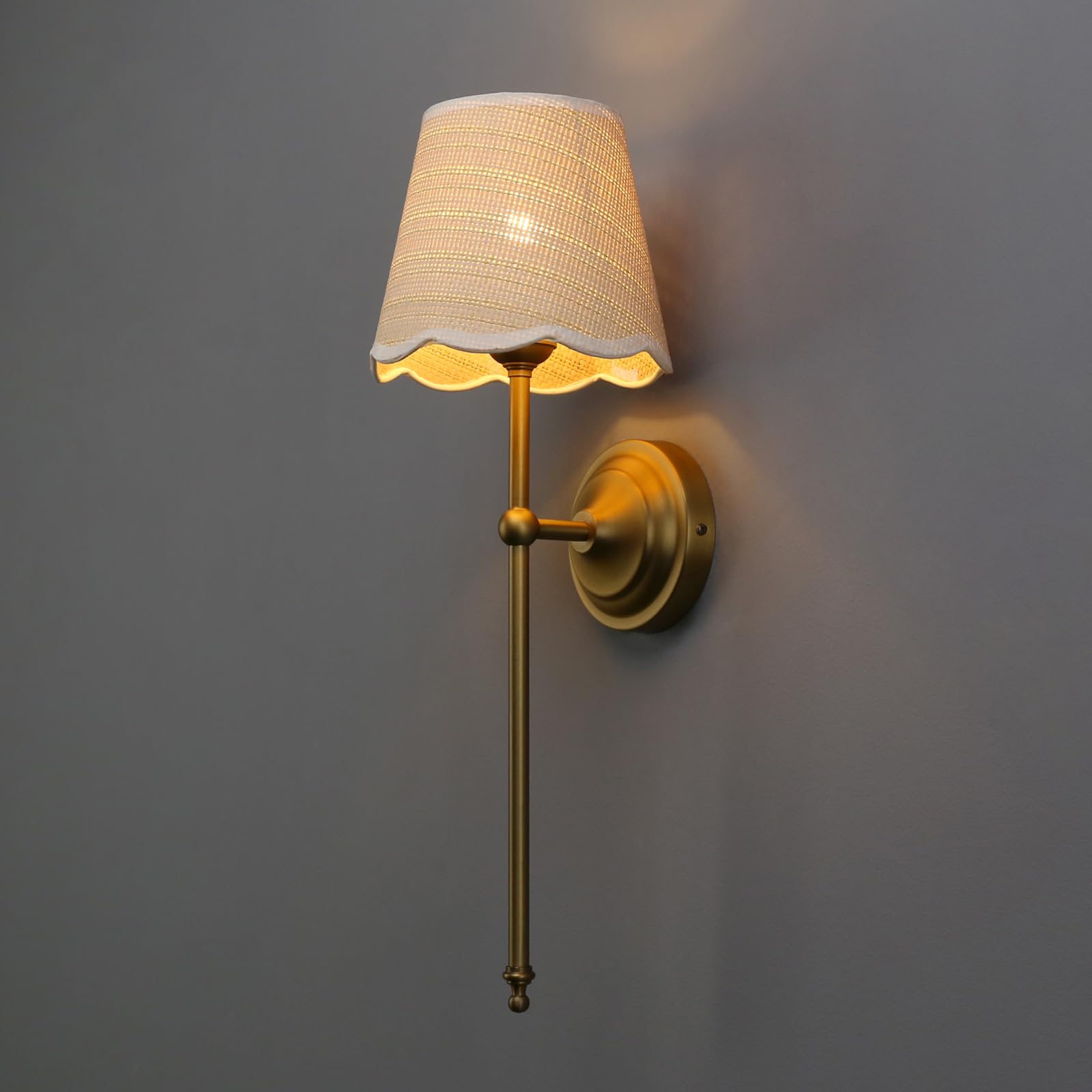 Industrial Vintage Wall Light Sconce, Boho Rattan Shade with Long Arm Antique Brass Wall Mounted Lamp, Rustic Indoor Up and Down Wall Light Fixture for Bedroom Living Room Hallway