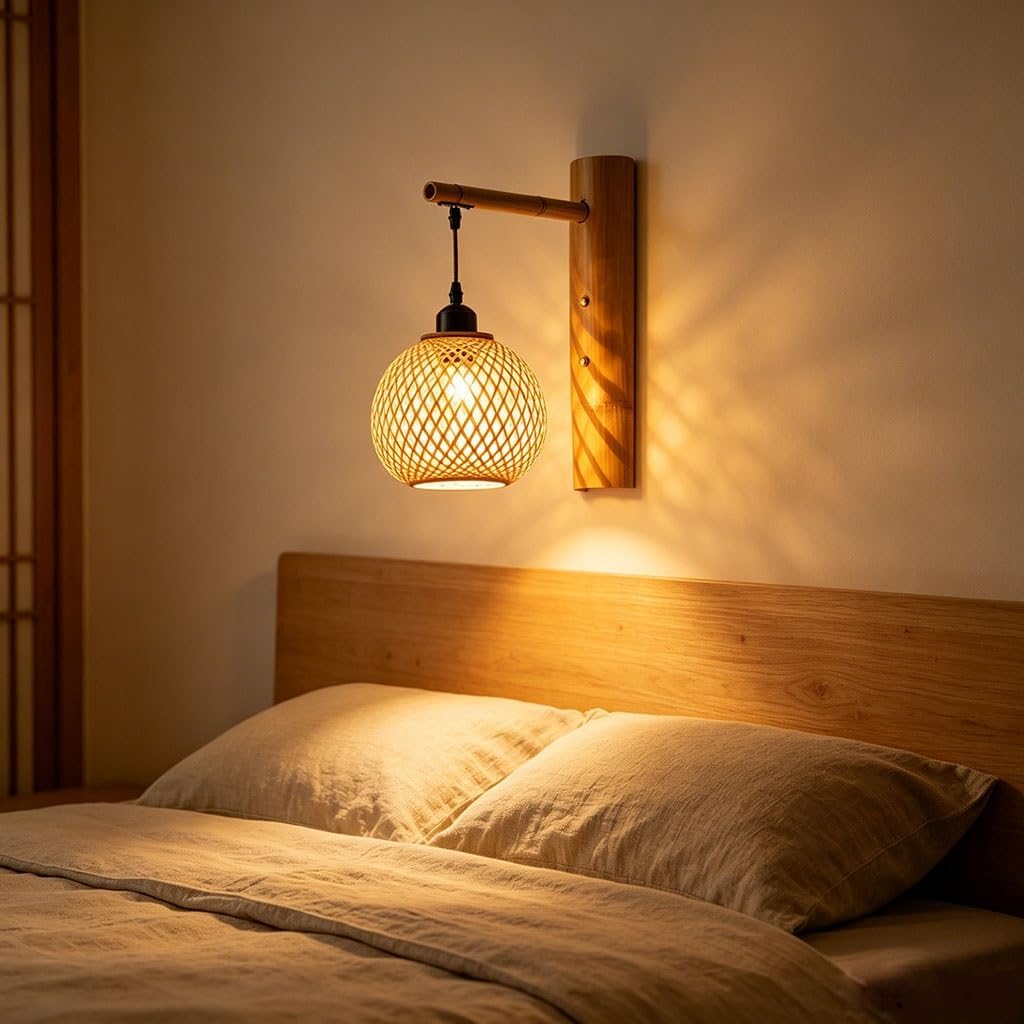 Indoor Bamboo Woven Wall Lamp Handwoven Rattan Wall Light E27 Retro Boho Wall Sconce Rustic Bamboo Lantern Light Fixture Farmhouse Wall Lighting for Living Room/Bedroom(A)