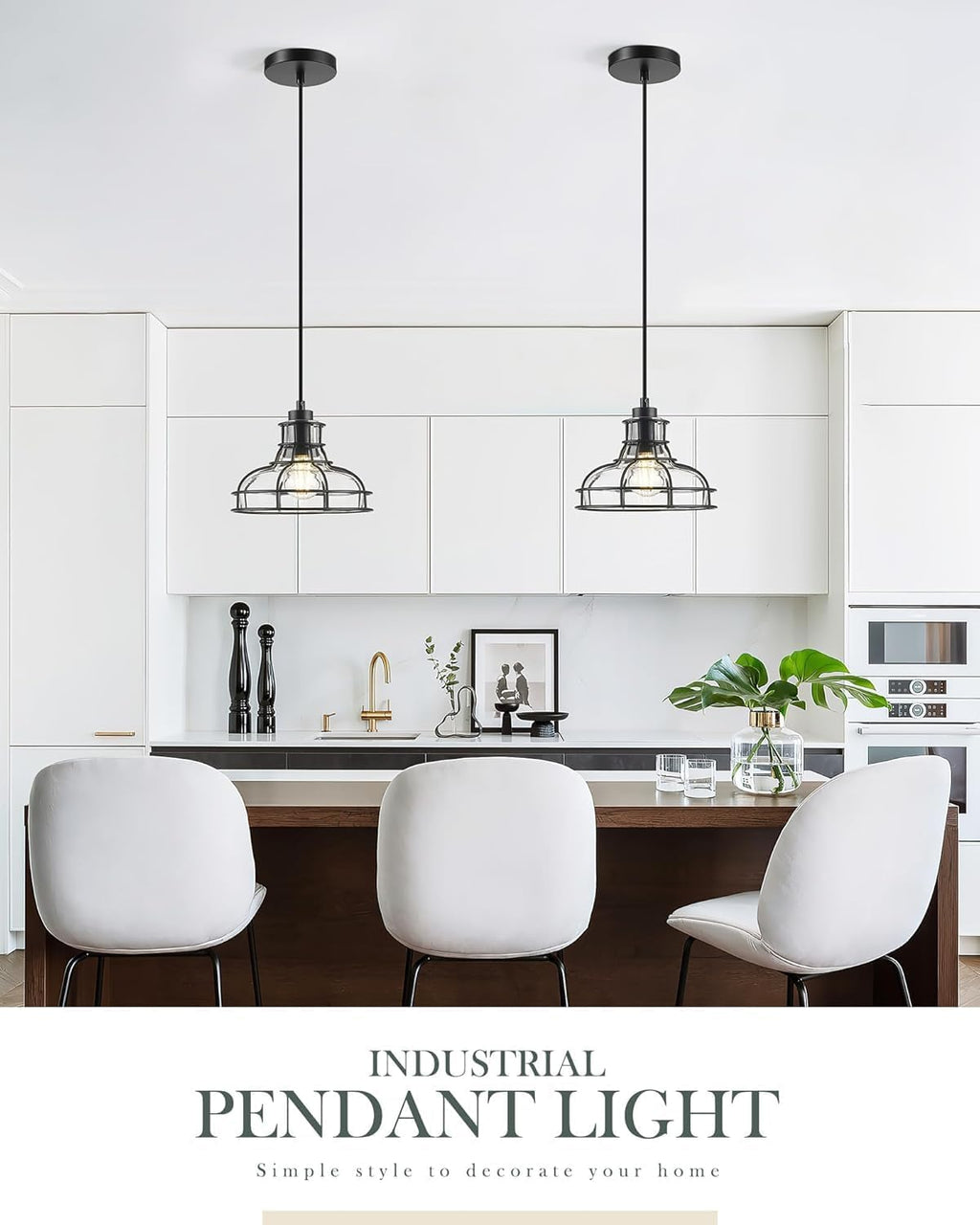 Industrial Pendant Lights Kitchen Island Black 8.7", 2 Pack Hanging Light Fixtures with Clear Glass and Metal Cage, Farmhouse Kitchen Pendant Light for Dining Room, Bedroom, Living Room