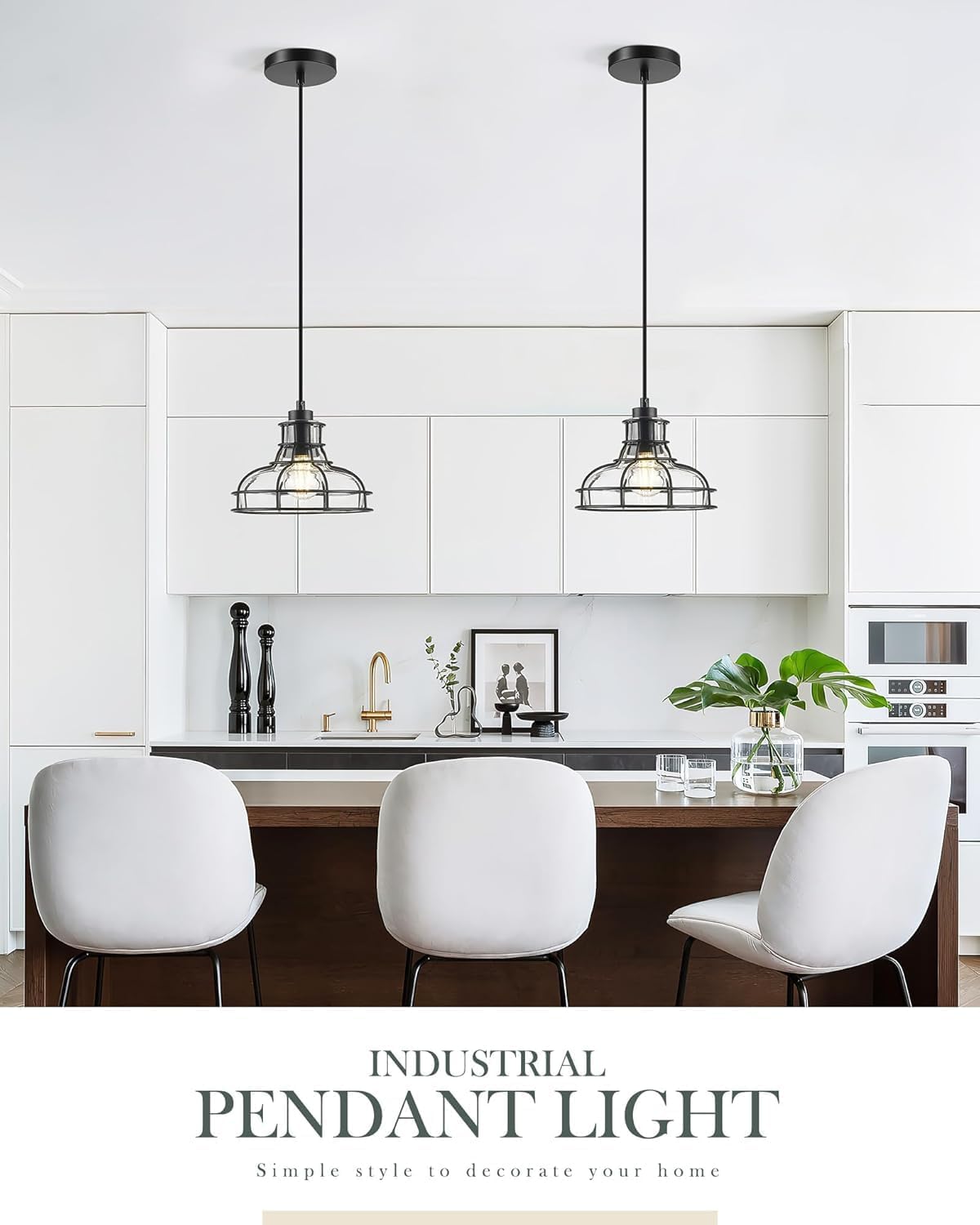 Industrial Pendant Lights Kitchen Island Black 8.7", 2 Pack Hanging Light Fixtures with Clear Glass and Metal Cage, Farmhouse Kitchen Pendant Light for Dining Room, Bedroom, Living Room