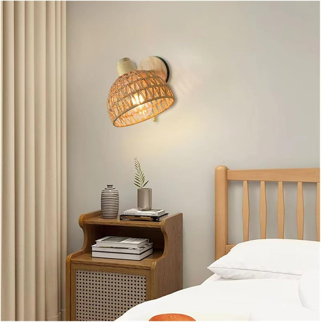 Japanese Rattan Wall Lamp Hand Woven Rural Retro Restaurant Bedside with Zipper Wall Light,Modern