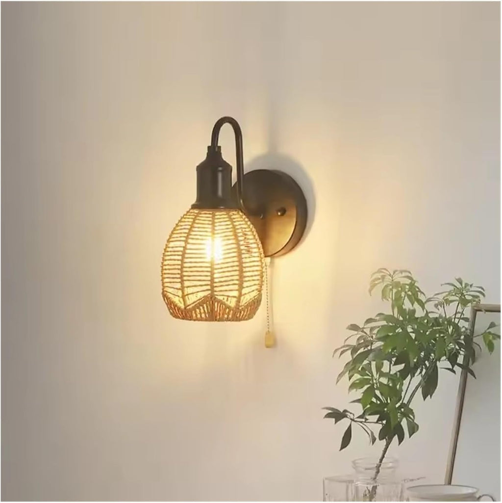 Rattan Pastoral Bedroom Bedside Aisle Background Wall Lamps Modern Woven Cage Lamp Pull Wire Wall Light (Neutral light)