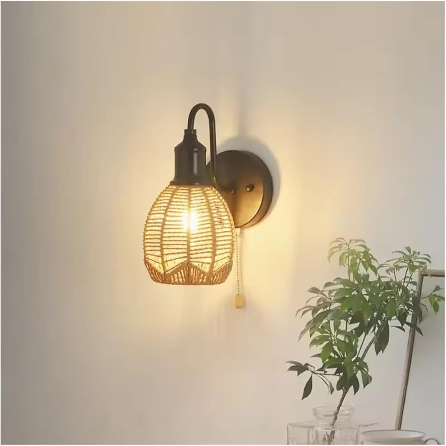 Rattan Pastoral Bedroom Bedside Aisle Background Wall Lamps Modern Woven Cage Lamp Pull Wire Wall Light (Neutral light)