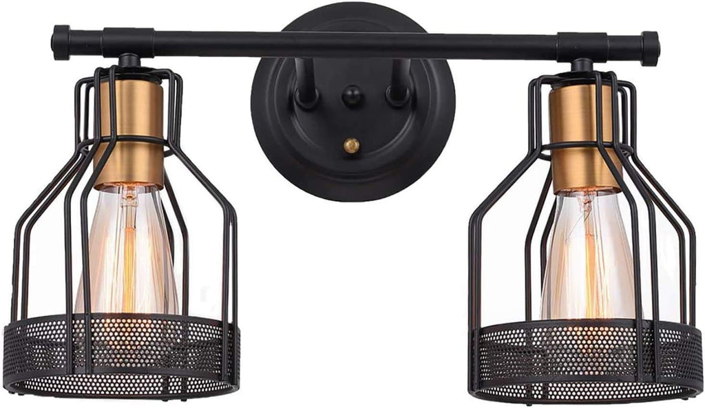 Wall Light 2-Lights Industrial 2 Heads with Metal Cage Shade Black Matte Finish Wall Lamp E27 Socket Wall Sconce Living Room Lighting Fixtures for Bathroom Vanity Table Reading