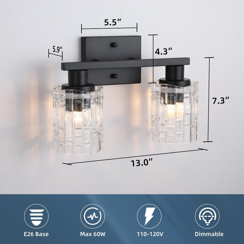 2-Light Matte Black Bathroom Vanity Light, Crystal Glass Shade Wall Lamp with E26 Base