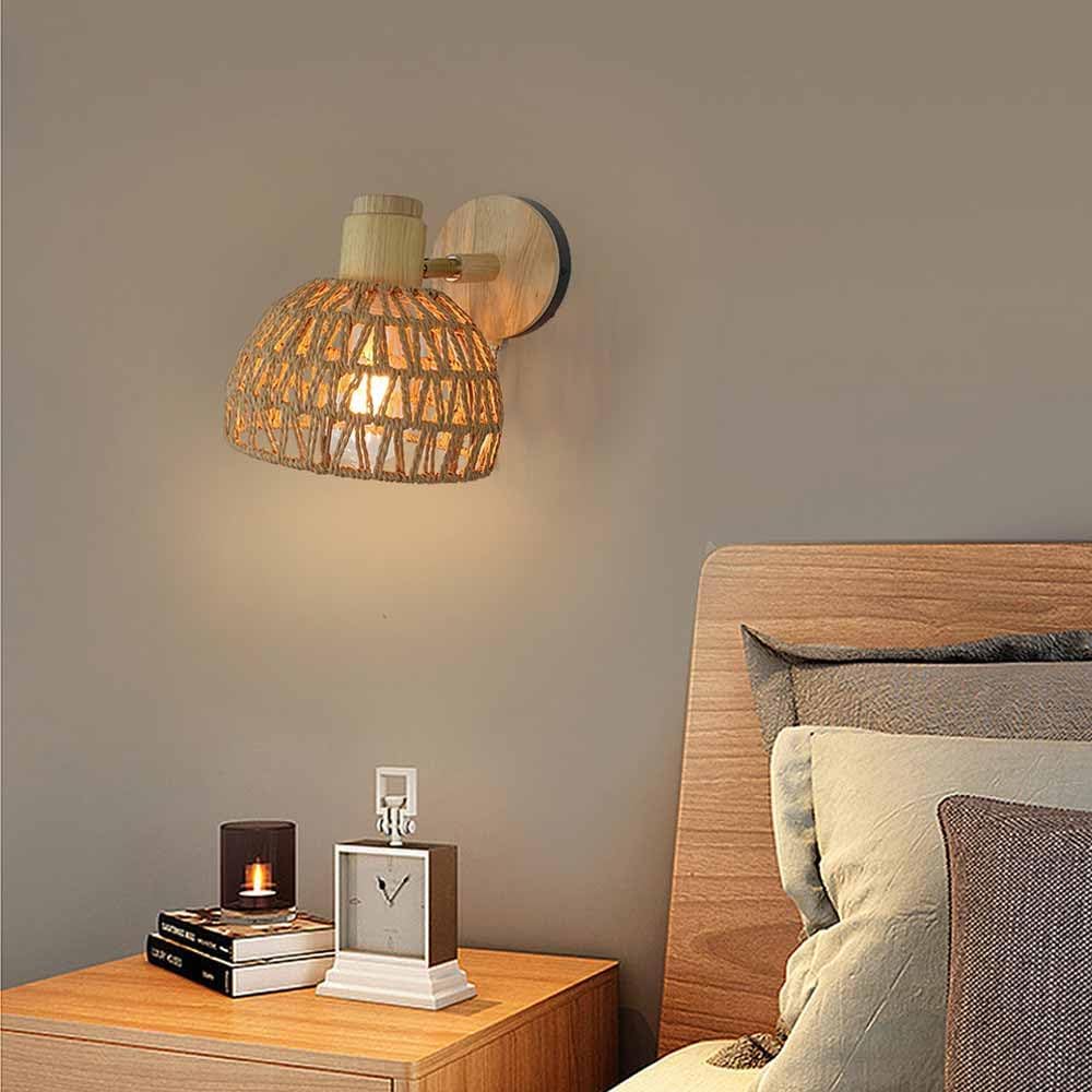 TRIVIDHA Natural Rattan Wall Lamp With Switch Foldable Bedside Wall Sconce Hand-woven Wicker Shade Wall Lantern Adjustable Angle E27 Wall Mount Lighting For Living Room Bedroom Hallway Stair