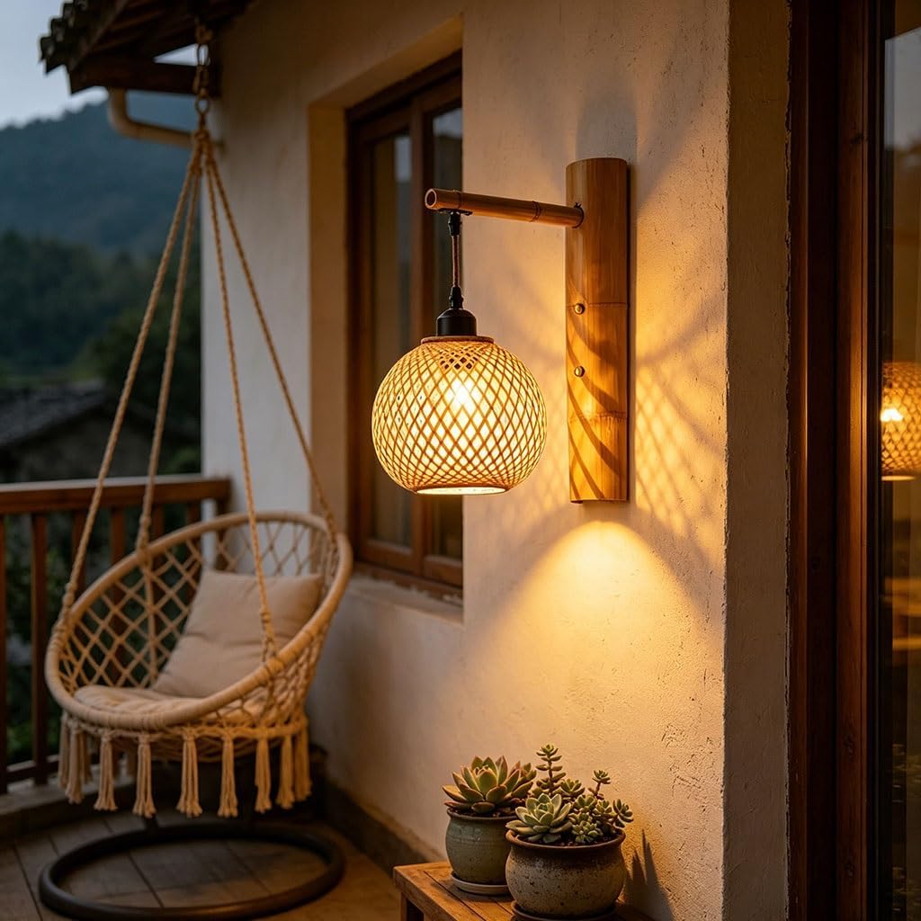 Indoor Bamboo Woven Wall Lamp Handwoven Rattan Wall Light E27 Retro Boho Wall Sconce Rustic Bamboo Lantern Light Fixture Farmhouse Wall Lighting for Living Room/Bedroom(A)
