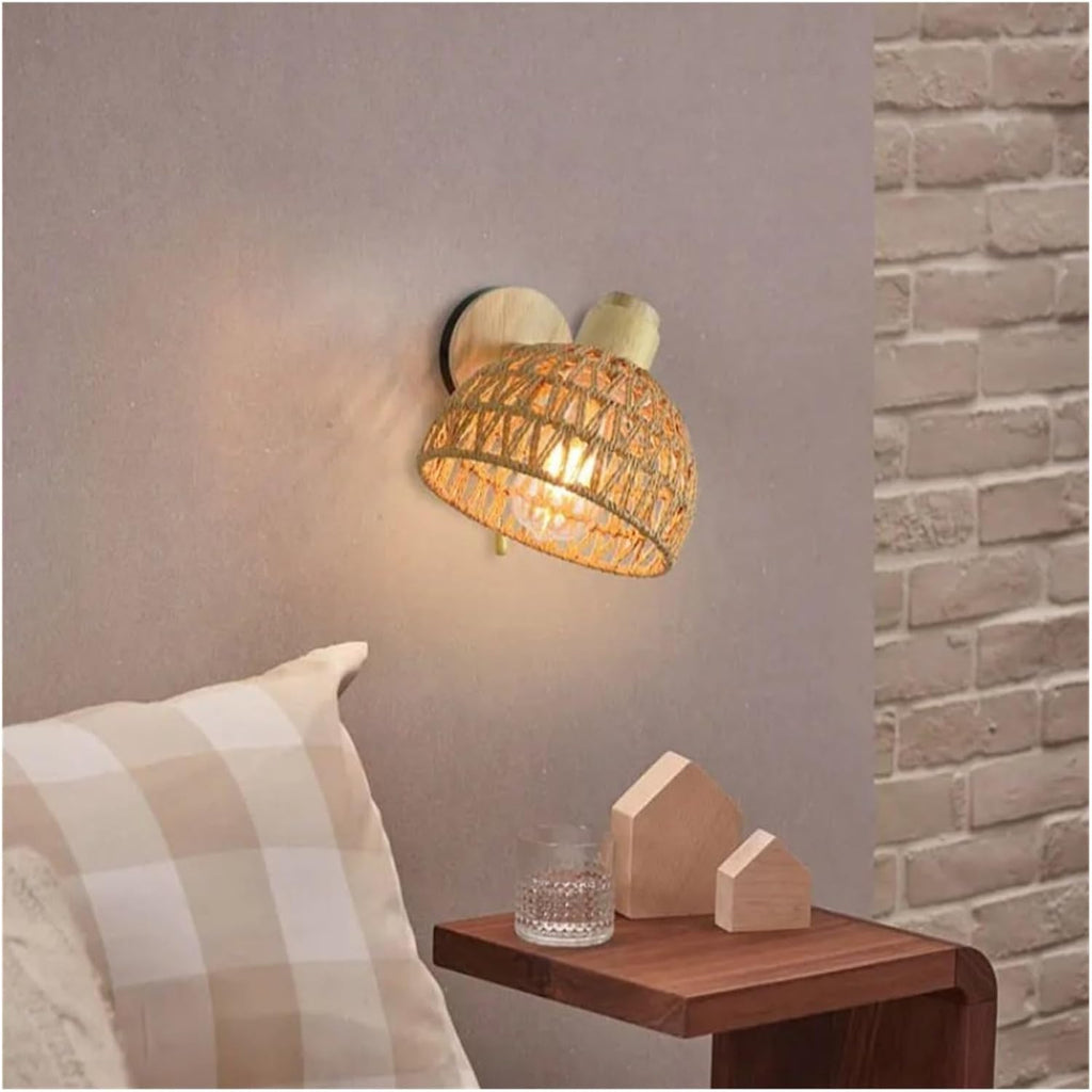 Japanese Rattan Wall Lamp Hand Woven Rural Retro Restaurant Bedside with Zipper Wall Light,Modern