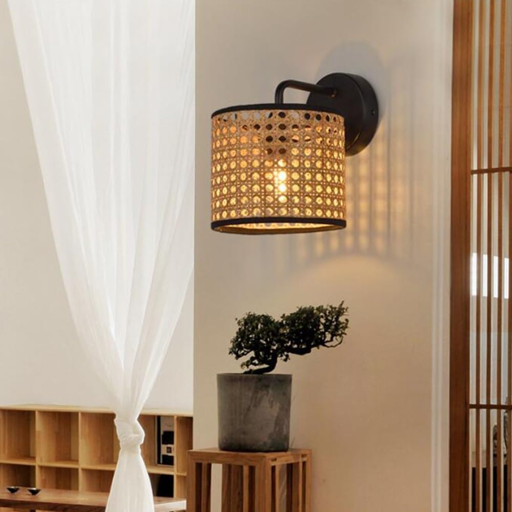 Bamboo Wall Light Indoor E27 Wall Lamp Rattan Lampshade Vintage Wall Lighting For Bedroom Living Room Dining Room Restaurant Hallway Staircase Interior Lighting