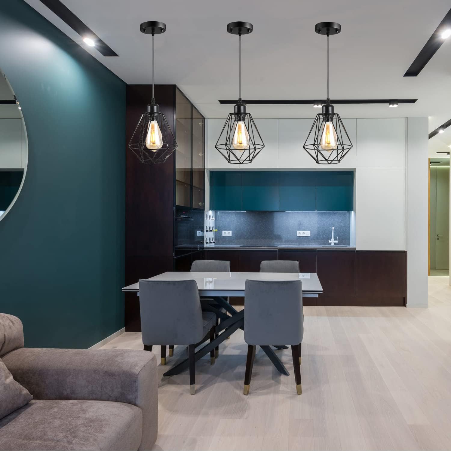 2 Pack Farmhouse Pendant Lights Modern Black Industrial Pendant Light Cage Hanging Ceiling Light,Fixture for Kitchen Island Dining Room Over Sink Hallway Bedroom Fixtures Hanging Lamp