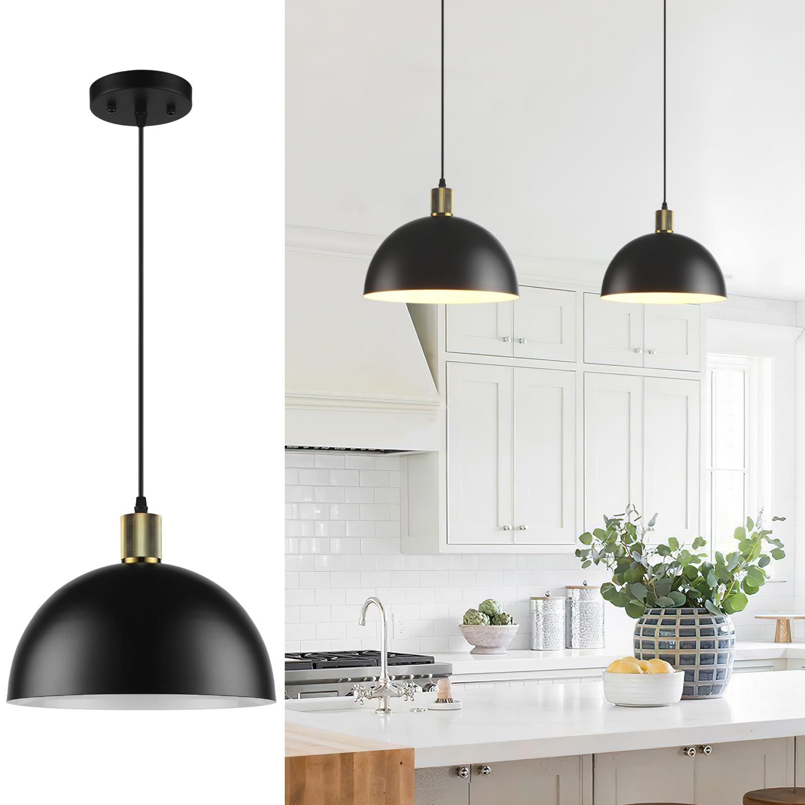 Black Farmhouse Pendant Light - 2 Pack Industrial Vintage Hanging Light Fixtures Metal Wire Cage Pendant Lighting with Adjustable Chain for Kitchen Barn Hallway Porch Dining Room