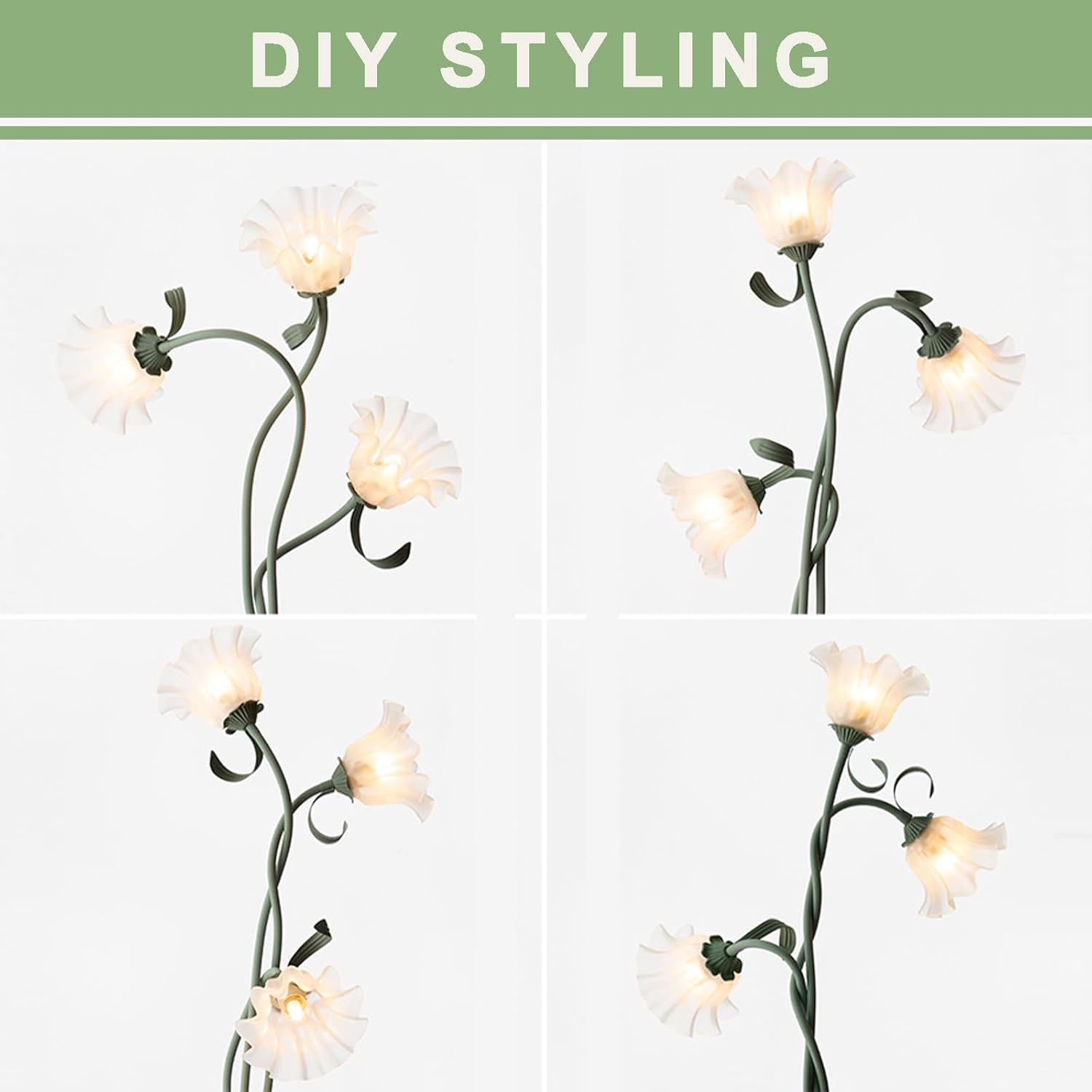 Green Flowers Floor Lamp, 3-Color DIY Standing Lamp for Home Decoration, Bedroom, Study Rooms, Children's Rooms, Offices, Dormitories, H170 Cm/70 in, 3 Bulbs Include