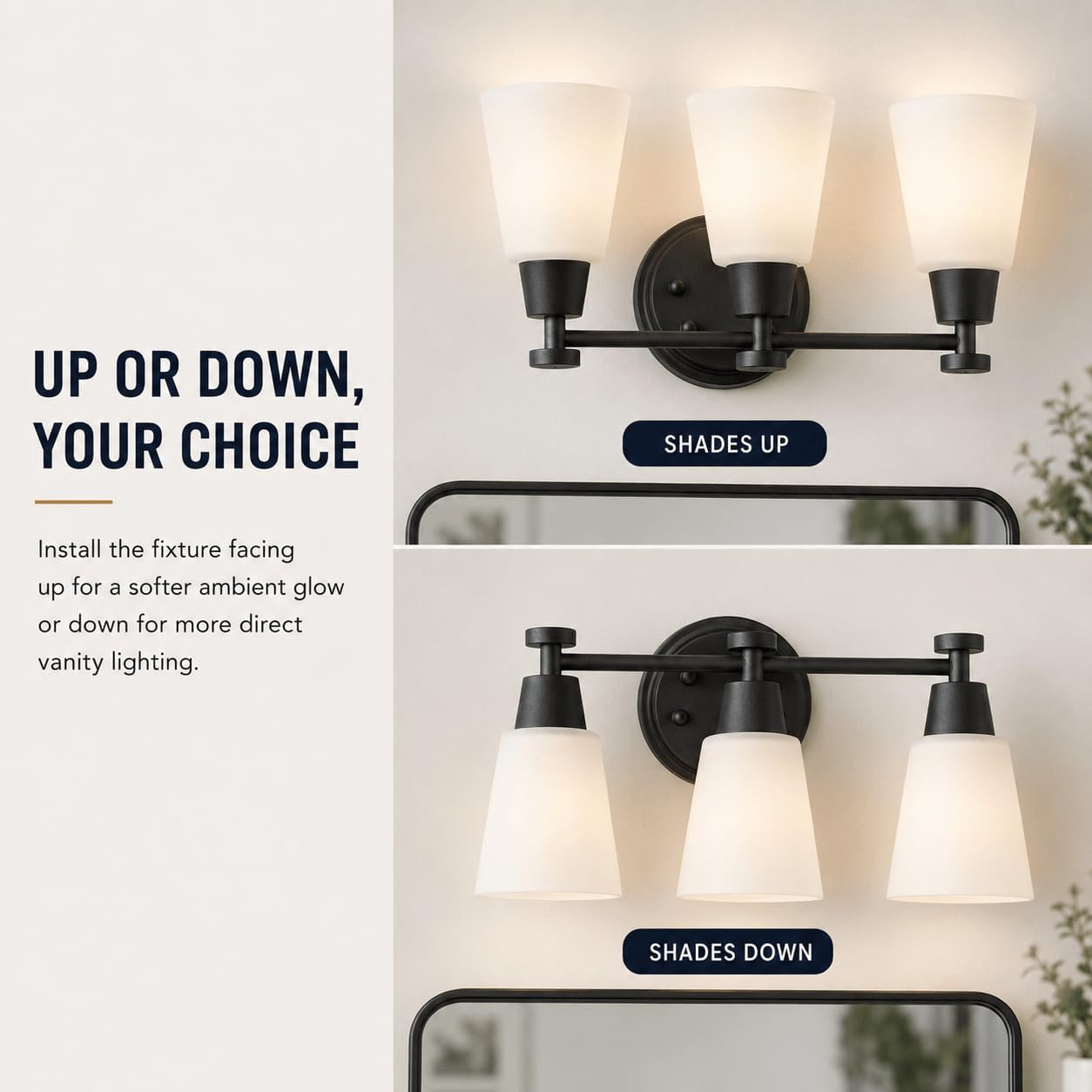 3-Light Matte Black Vanity Light, Frosted Glass Stainless Steel Wall Sconce for Bathroom Bedroom Living Room