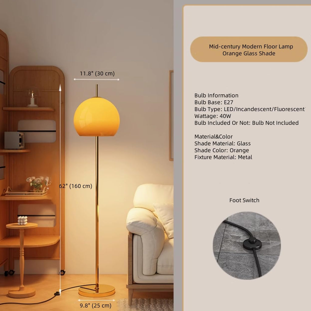 Contemporary Floor Lamp Orange Glass Bauhaus Standing Lamp Mushroom Dome Shaped Art Deco Lamp Tall Mid-Century Modern Lamps for Living Room Bedroom - Silver Base