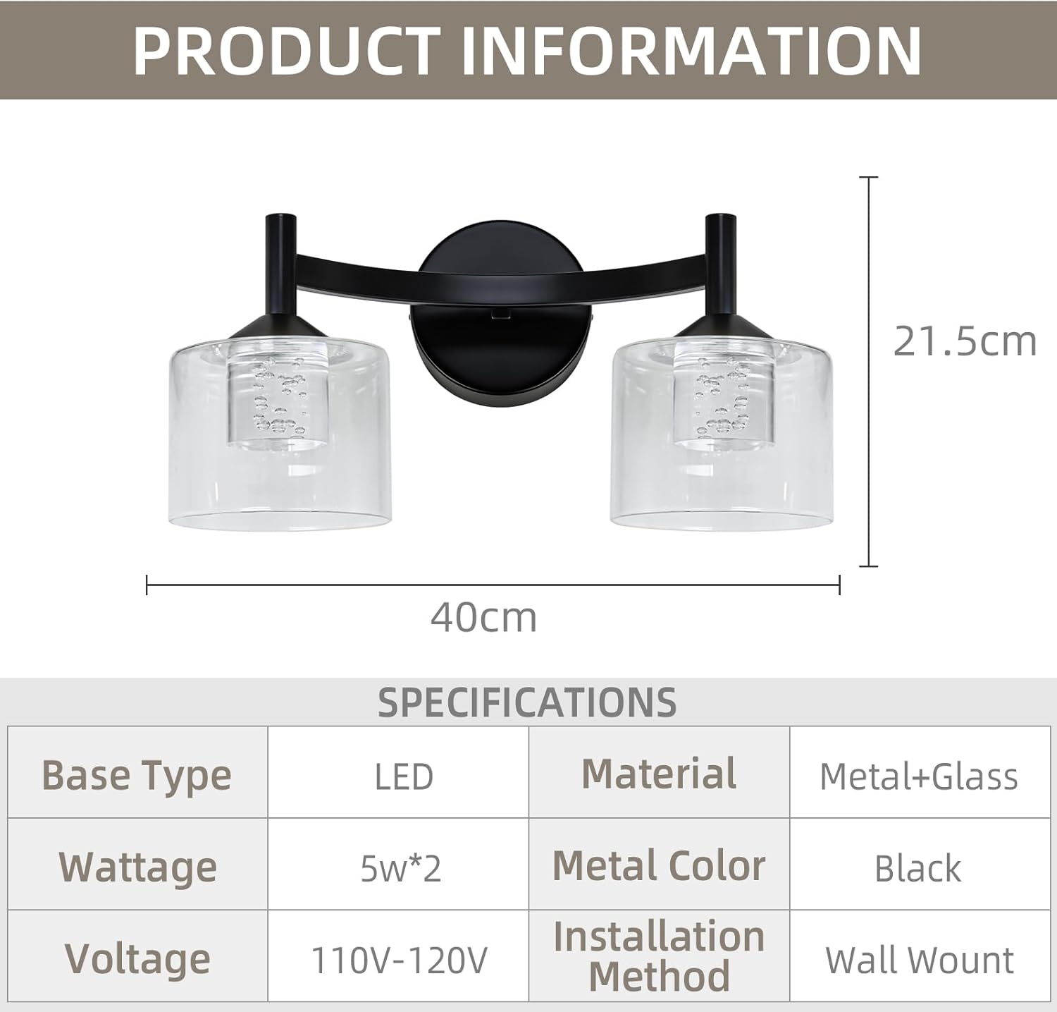 MantoLite 2-Light Wall Sconces Vanity Light with Clear Glass Shade Wall Light for Living Room Hallway Bedroom Black Modern Bathroom Lighting Fixtures(Bulbs Included)